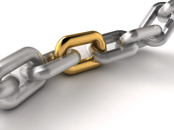 A chain with an oustanding golden link - rendered in 3d